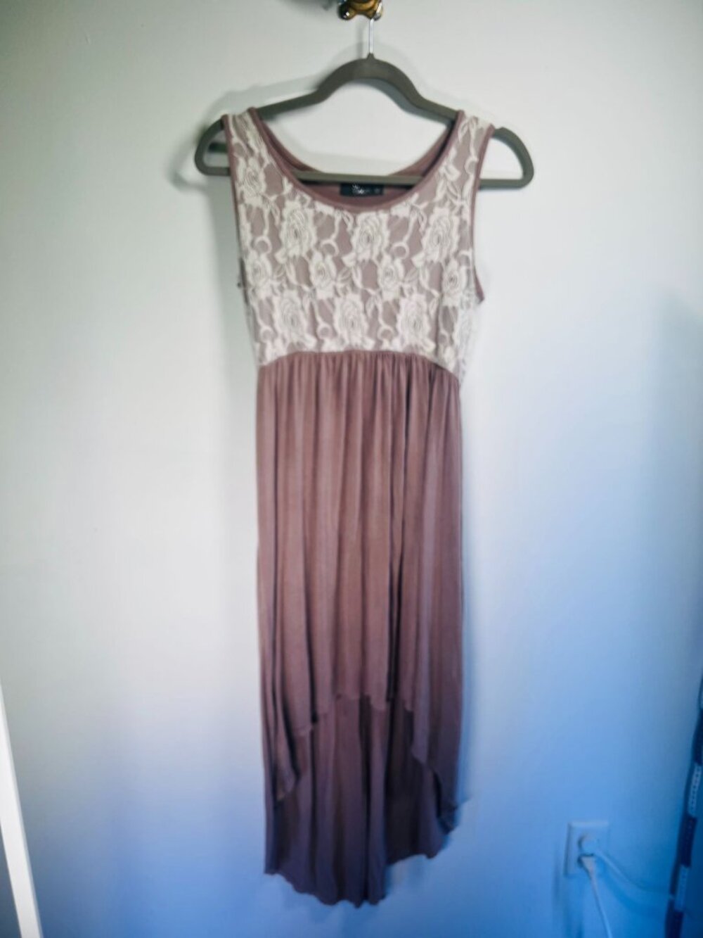 Lime Brown & Ivory Lace High-Low Maxi Dress Womens L Made In USA